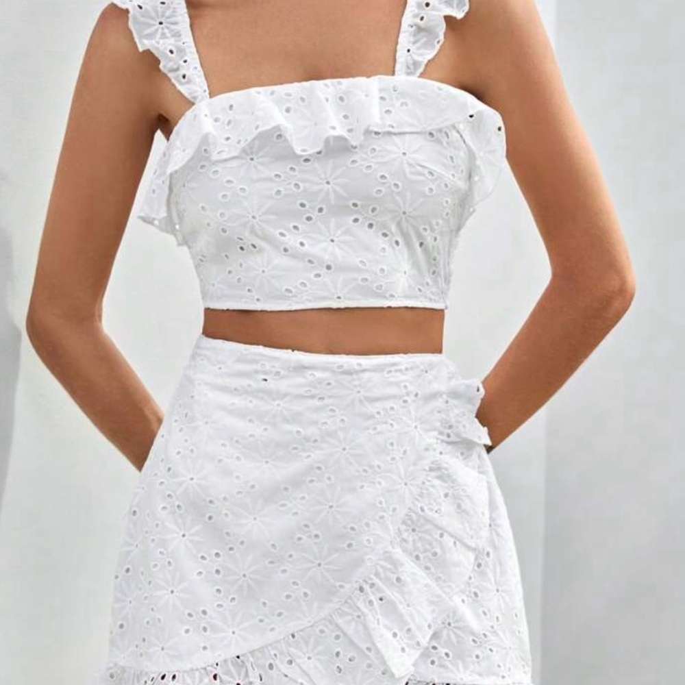 White Eyelet Crop Top and Skirt Set
